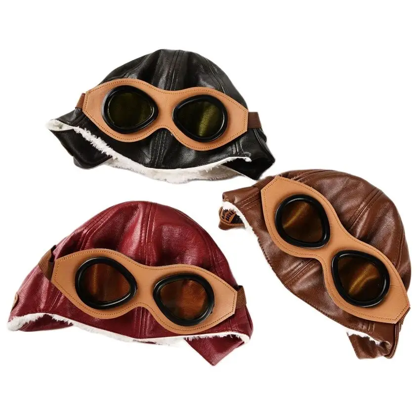 Children's Winter Leather Bomber Hat Keep Warm Have Glasse Boy Pilot Girl Ear Protection Cap Soft Artificial Fur Cold Change T46