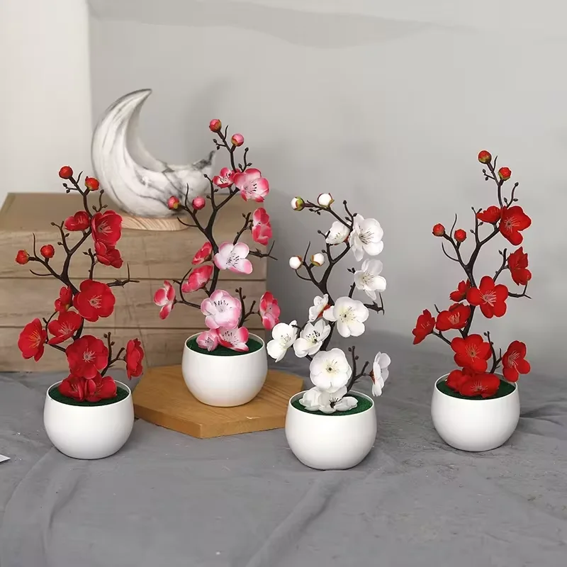 Künstliche Pflaumenblüten-Topfpflanze – Chinesische Zen-Stil Tischdeko-Blume, mehrfarbige Mini-Kunstblumen