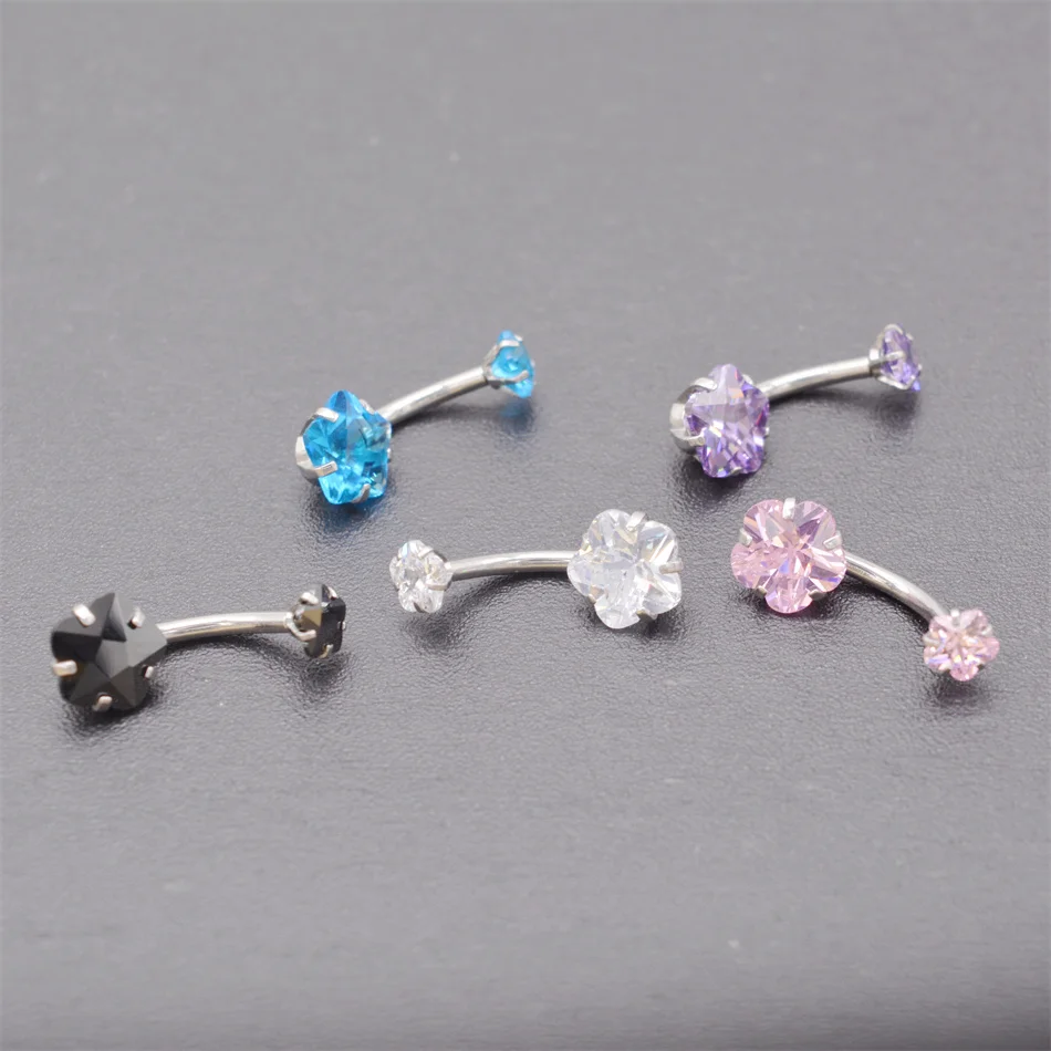 14G Surgical Steel Belly Button Piercing Rings Get Shiny Plum Flower Star Zircon Stone Navel Jewelry Women Girls Sexy Accessory