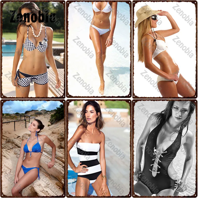 Sexy Metal Poster Sexy Woman In Bikini Model Sandy Beach Vintage Plaque Decorative Tin Plate Metal Sign Home Wall Decoration