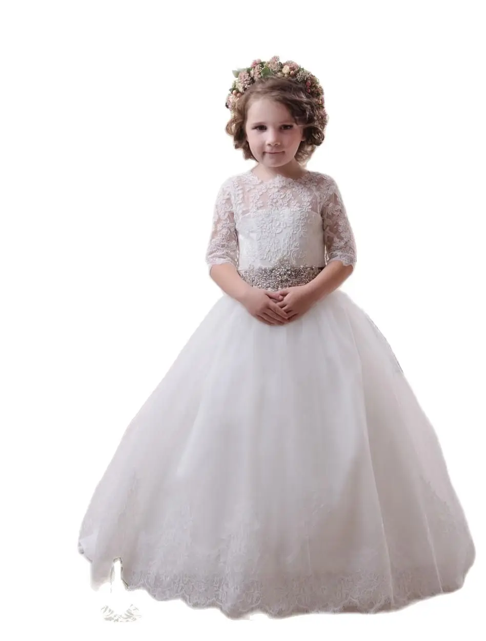 2021 Kids Wedding Dresses with Long Train and Half Sleeves Lace Appliques Beautiful Flower Girls Gowns with Beaded Sash and Bows