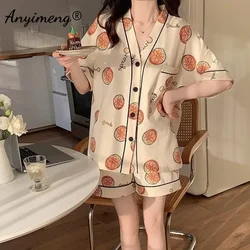 New Summer Fashion Women Pajamas Bear Printed Short Pants Cardigan Sleepwear Loose Size Leisure Korean Pijamas for Young Girls