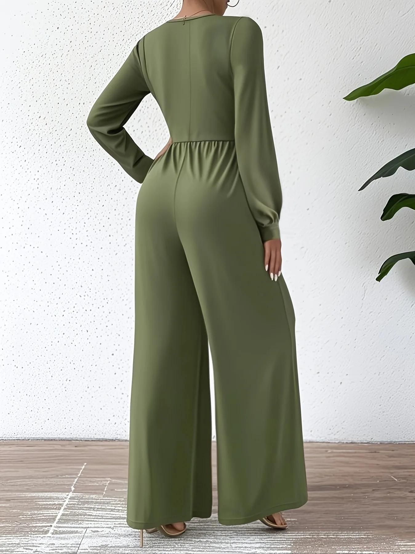 ربيع الخريف أنيقة المهنية ملابس نسائية بذلة موضة بلون الخامس الرقبة طويلة الأكمام Cinched الخصر قطعة واحدة السراويل