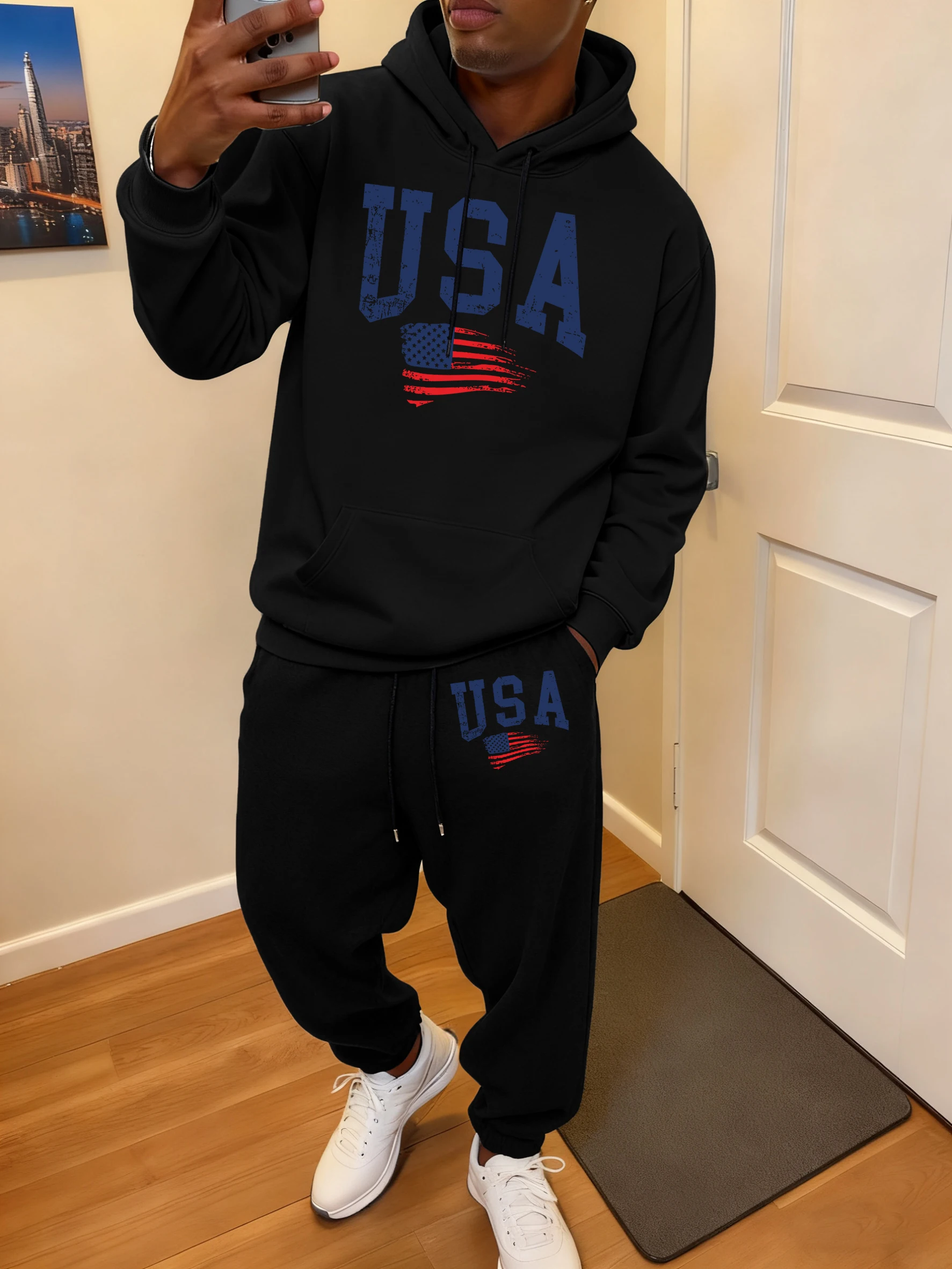 

Usa Fluttering National Flag Print Men Street Hoodie Set Fashion Autumn Sweatpant Pocket Fleece Pullover Casual Sport Clothes
