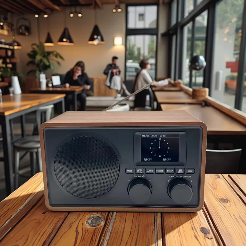 

Home DAB radio with wooden Bluetooth speaker and alarm clock function