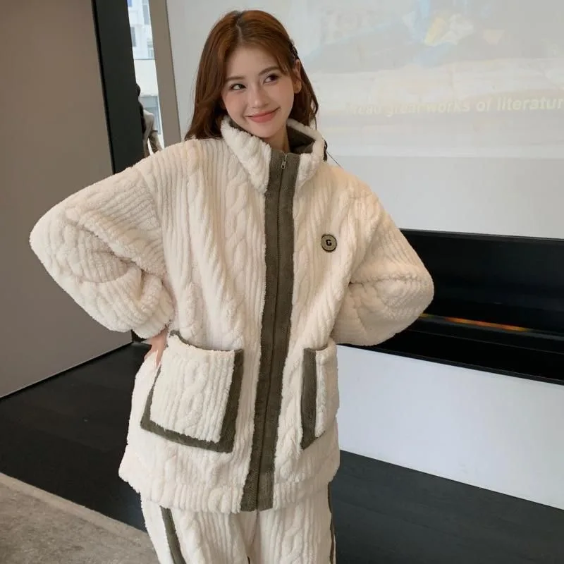 Winter Women Thickened Velvet Coral Fleece Confinement Clothing Adjustable Nursing Pajamas Female Casual Warm Loungewear Suit