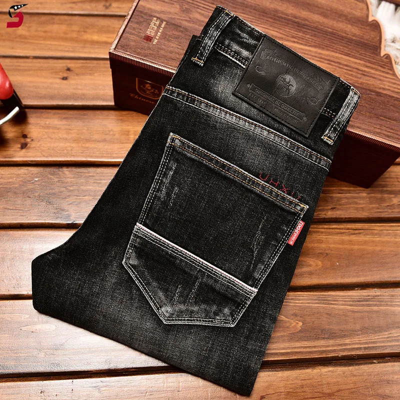 Celana panjang Denim hitam kasual pria, Jeans kelas atas elastis lurus ramping kasual klasik musim gugur dan musim dingin 2024