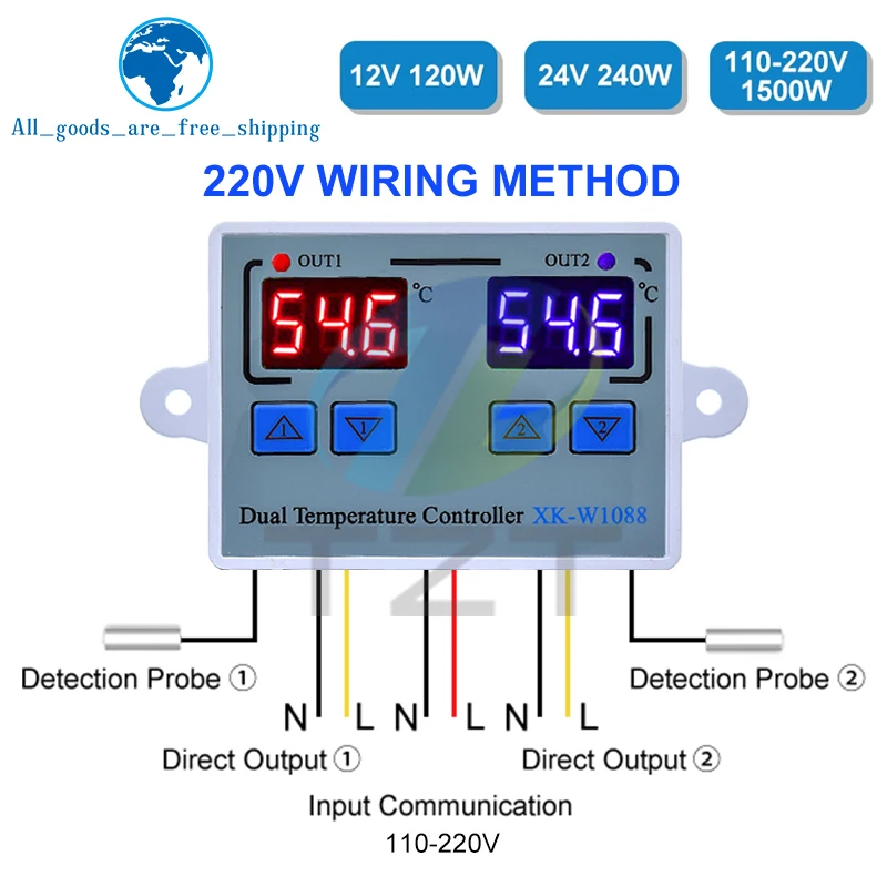 TZT W1088 Dual LED Digital Temperature Sensor Controller Electric Heating Thermostat 220V Thermoregulator