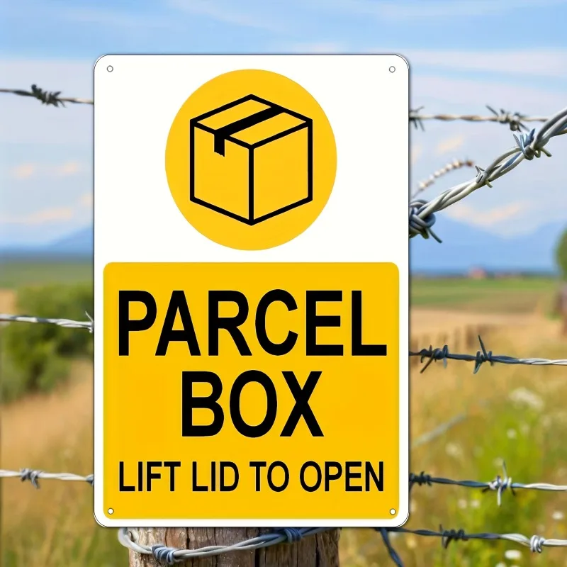 Parcel Box Tin Sign 2D Flat Wall Art, Lift Lid to Open Notice Sign for Mail Post Delivery, Unframed 20x30cm Outdoor Gift