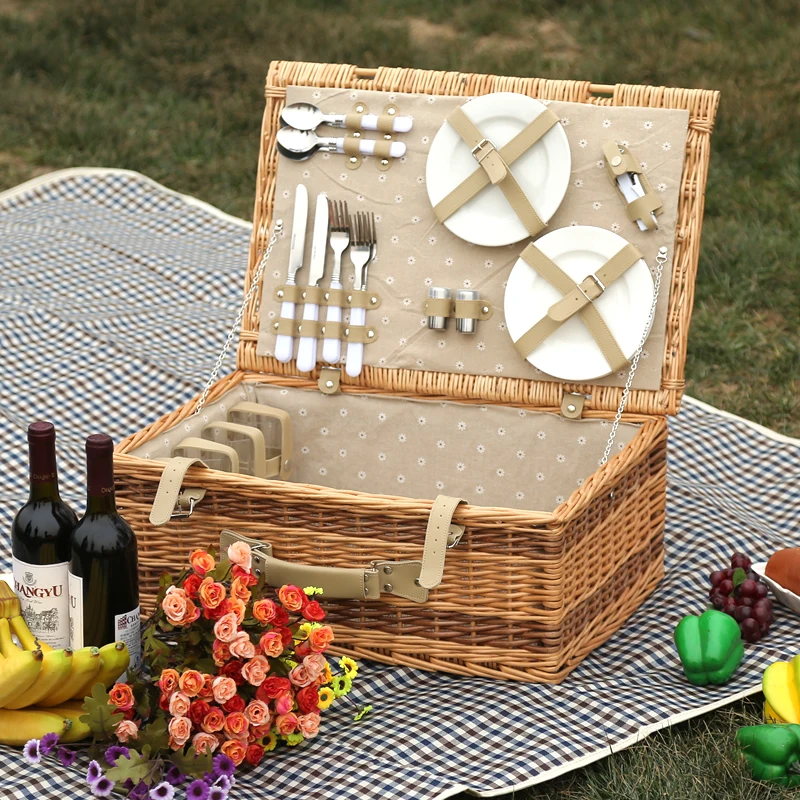 

Rattan Woven Picnic Basket Set Wicker Woven Outdoor Wilderness Incubator Large Storage Basket Wild Potluck Food Basket