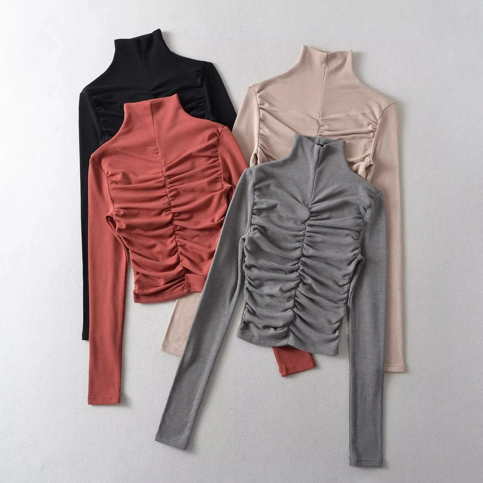 4 colors 2023 Autumn Winter High Collar Folds Ruched Front Chest Long Sleeve Skinny T-shirts Women Slim Fit Tee Base Blouse Tops