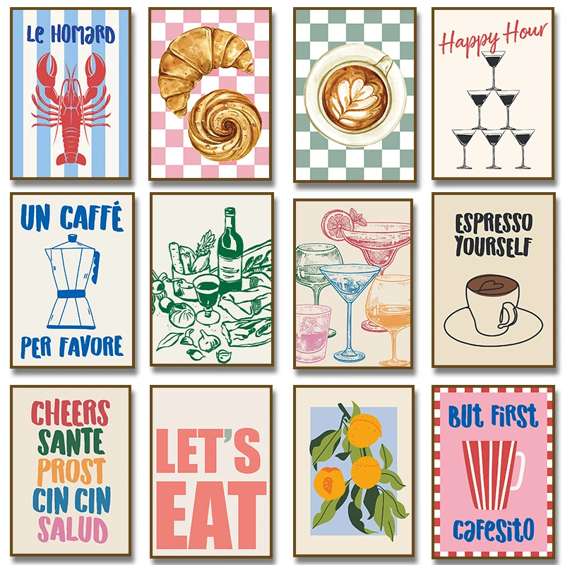Retro Coffee Croissant Cocktail Cheers  Food and Drink Fruit Poster Canvas Painting Print Wall Art  Bar Kitchen Home Decor