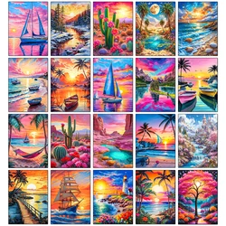 Cactus Sailboat Sunset 5D DIY Diamond Painting Kit Landscape Full Diamond Mosaic Cross Stitch Kit Room Decoration Gift