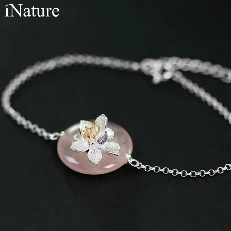 

INATURE Natural Stone Lotus Flower Bracelet For Women 925 Sterling Silver Adjustable Charm Bracelets Fashion Jewelry