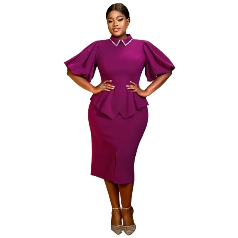 

2025 Elegant Collar Stand Puff Sleeve Dress Purple Red Perfect for Spring/Summer Parties and Office Wear Women Dresses