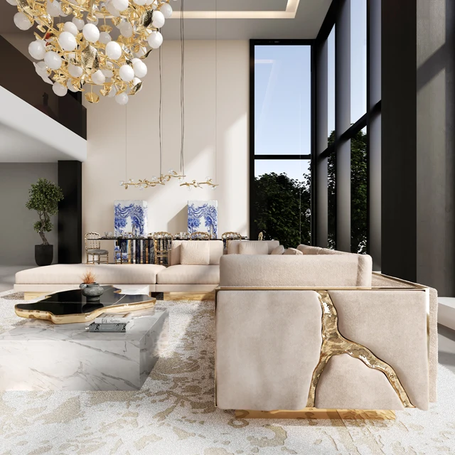 Unique Modular Living Room Sofa I Shaped Corner Leather Sofa Furniture Italian Design with Brass Details Hammered