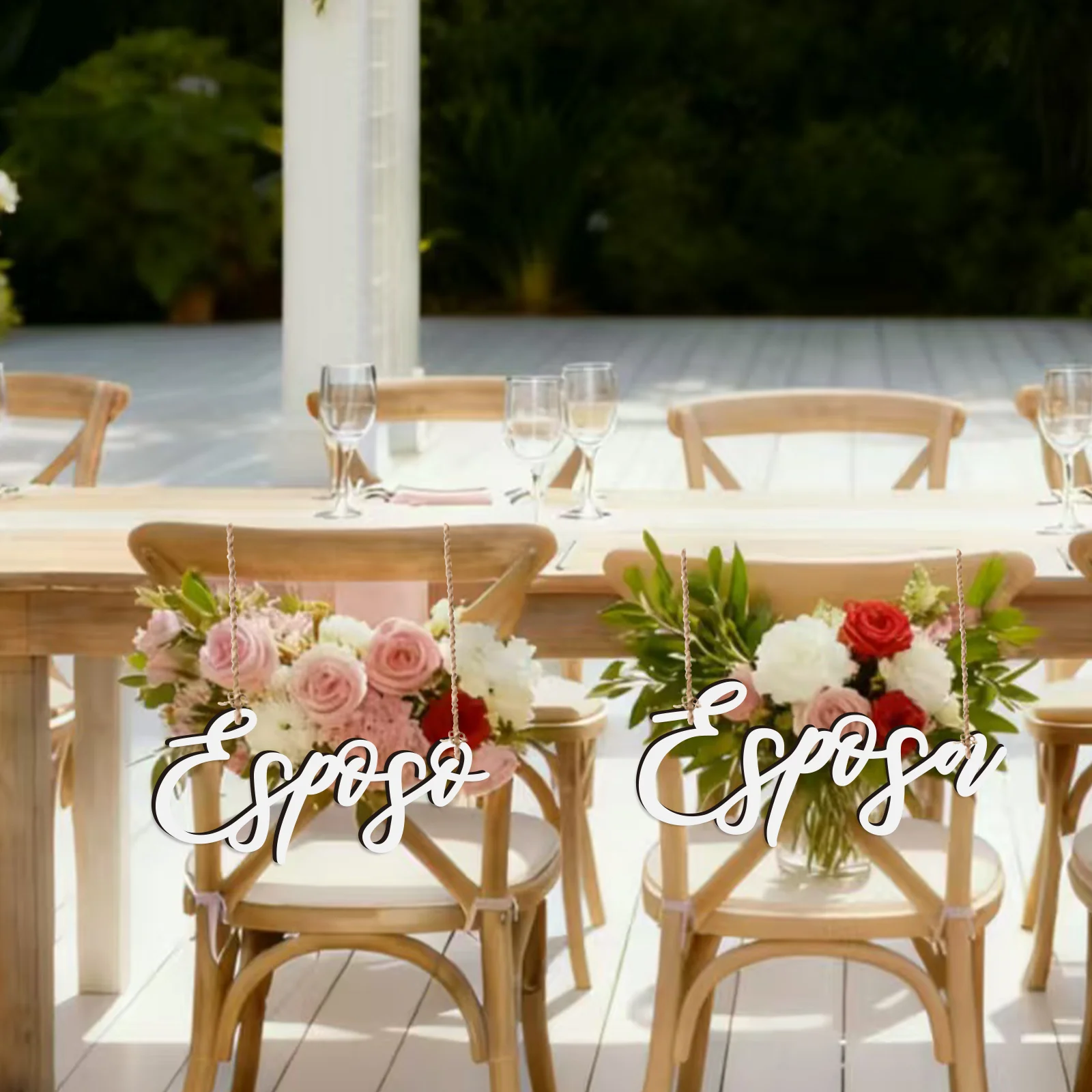 مجموعة لافتات كراسي الزفاف الإسبانية - Esposa & Esposo خشبية بيضاء 0.4 سم، 28.8 × 13.5 سم و 31.7 × 14.3 سم، قطع ليزر