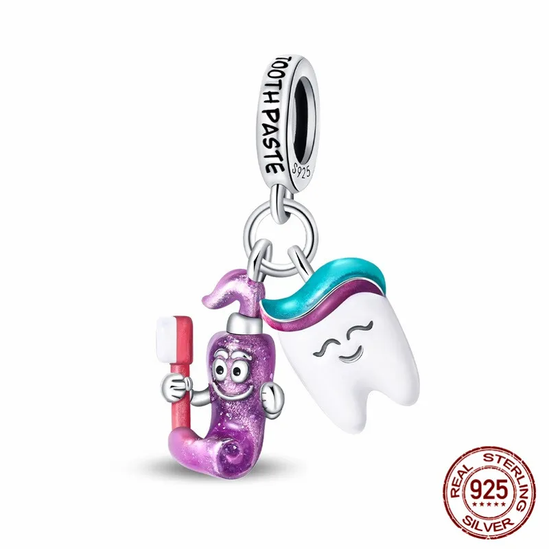 

925 sterling silver toothpaste tooth pendant bead inlaid with cubic zirconia paired with an original bracelet DIY womens jewelry