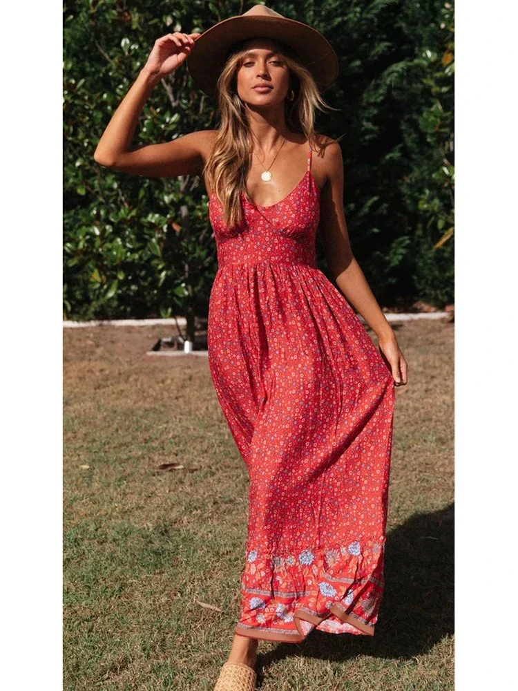 2024 Sommer Maxi Boho Kleid Frauen elegante Blumen kleid Damen Blume V-Ausschnitt ärmellose Riemen Urlaub Bohemian Kleid für Frauen