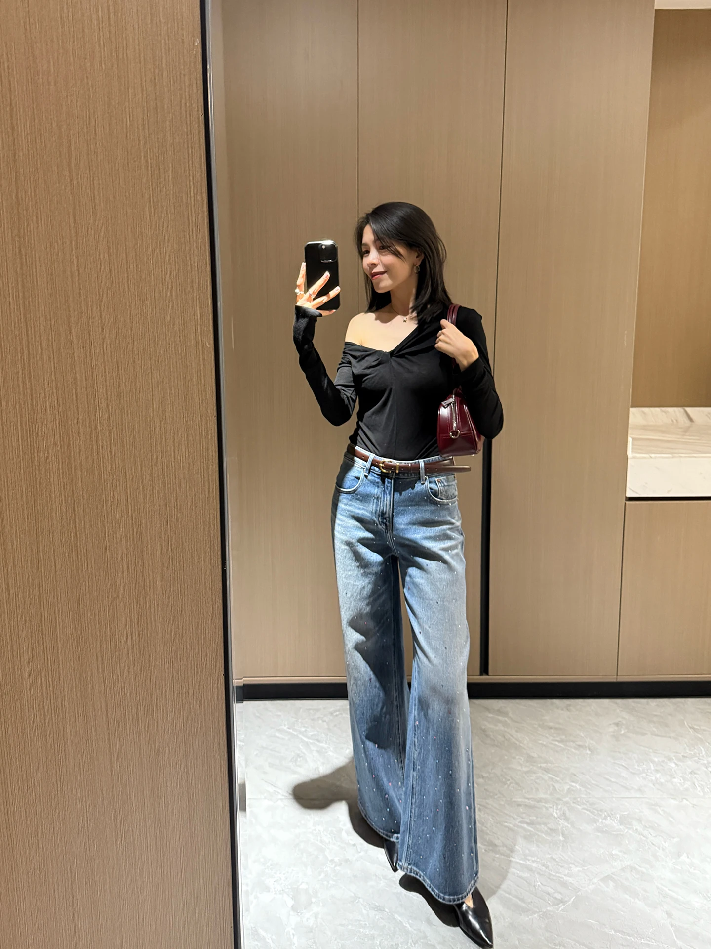 

Женские джинсы-клеш для похудения, удлиненные, повседневные, эластичные, не слишком свободные, с декором из страз, из хлопкового денима