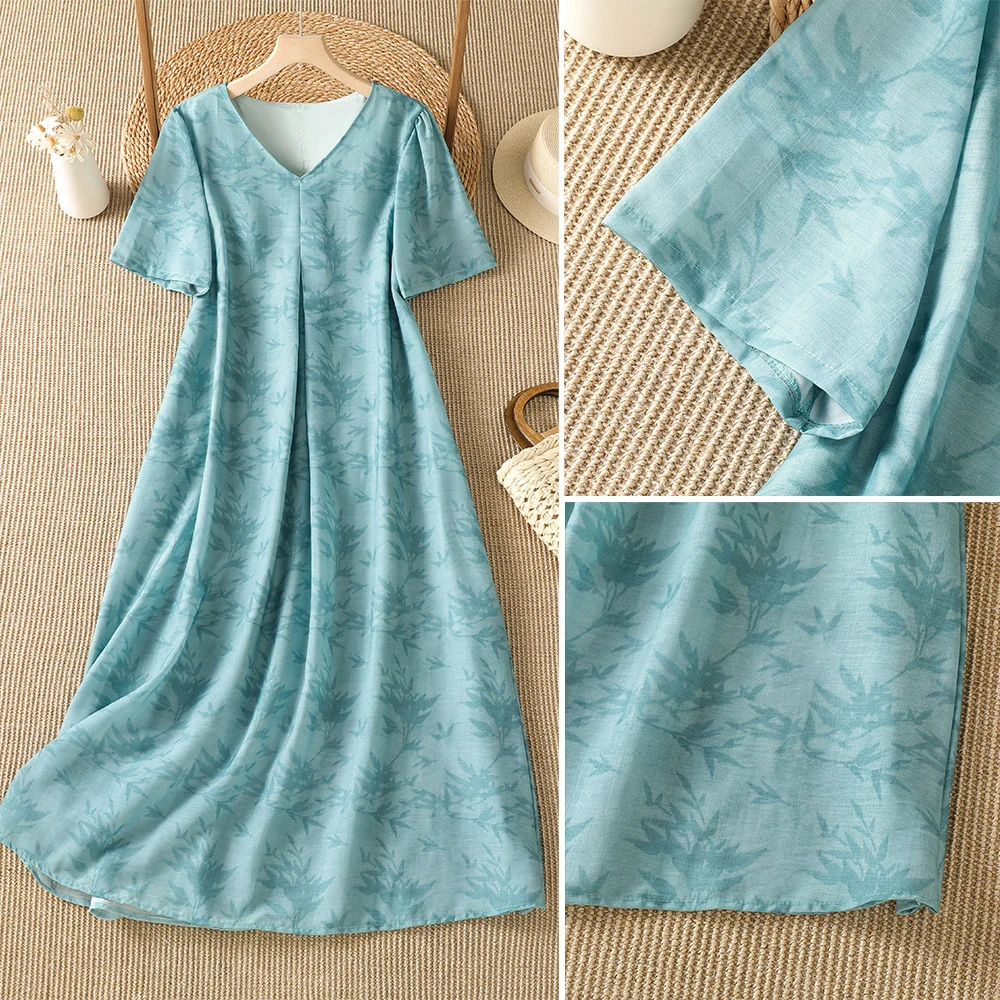 

V-Neck Embroidered Texture Summer Dress Women's High Waist Thin Style Knee-Length Casual Loose Fit Polyester Fiber Short Sleeve