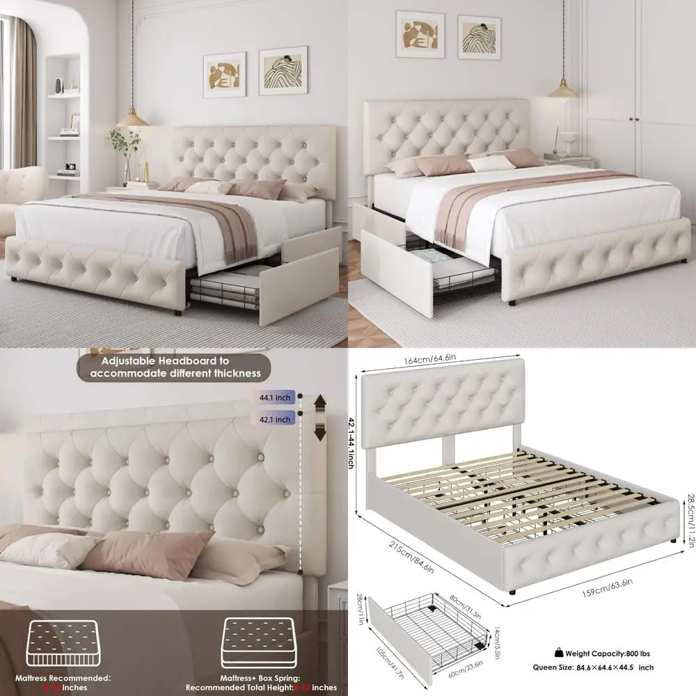 إطار سرير كوين مع 4 أدراج تخزين ولوح رأسي قابل للتعديل، وسرير بمنصة منجدة مع تصميم معنقدة بأزرار، وخشب قوي