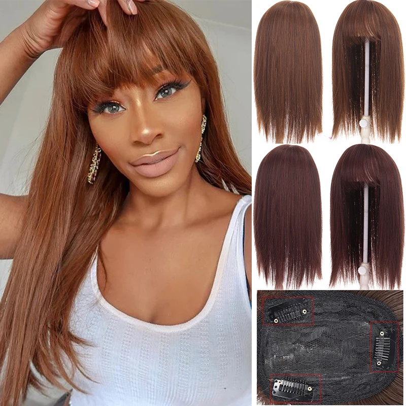 XG Synthetic Top Straight Hair Replacement Piece With Bangs Invisible Fluffy Hair Water Ripple Hair Replacement Cover White Hair