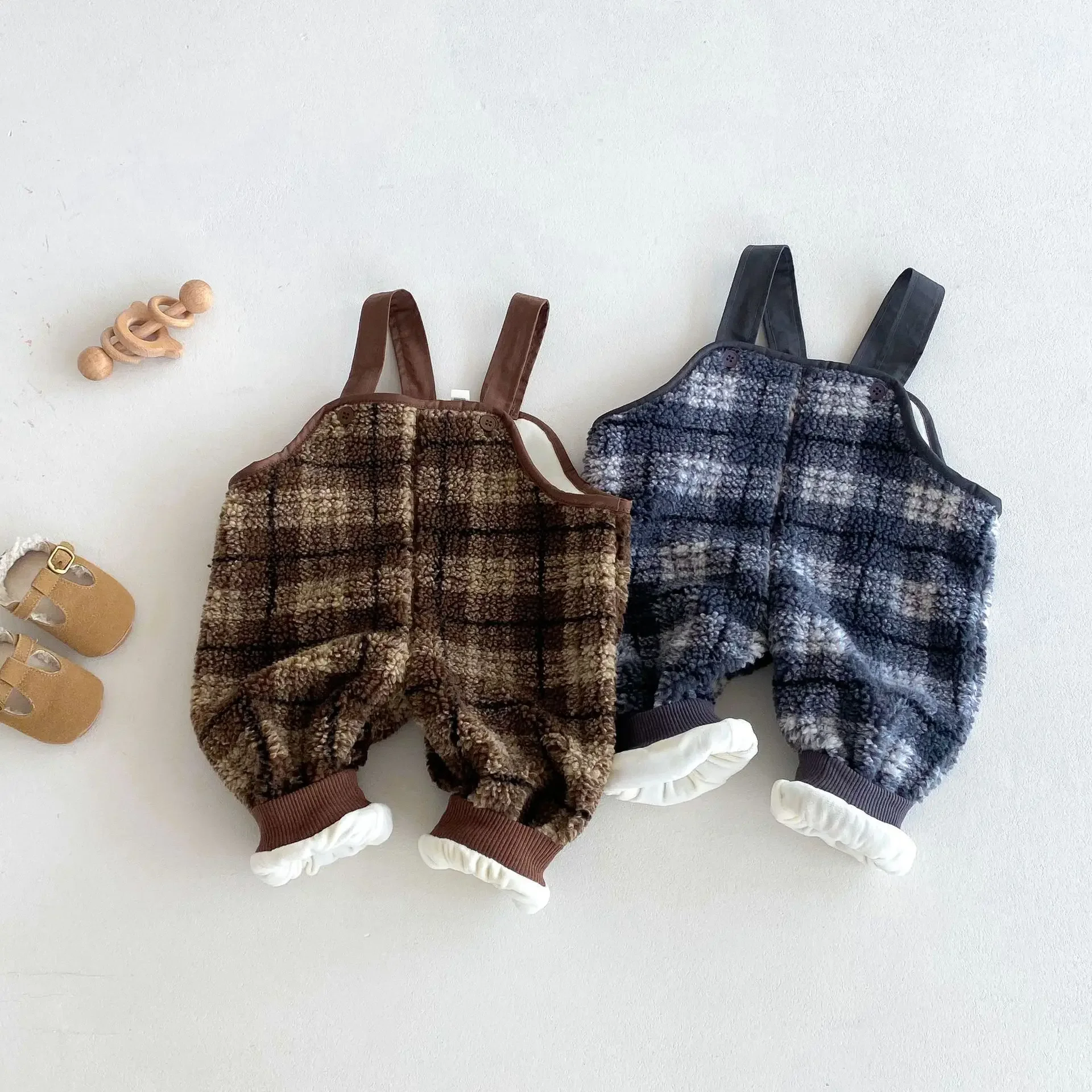 

2024 Winter New in Kids Baby Girls Boys Thick Warm Clothing , Children Plaid Strap Pants Infant Toddler Overalls Jumpsuits 3M-5Y