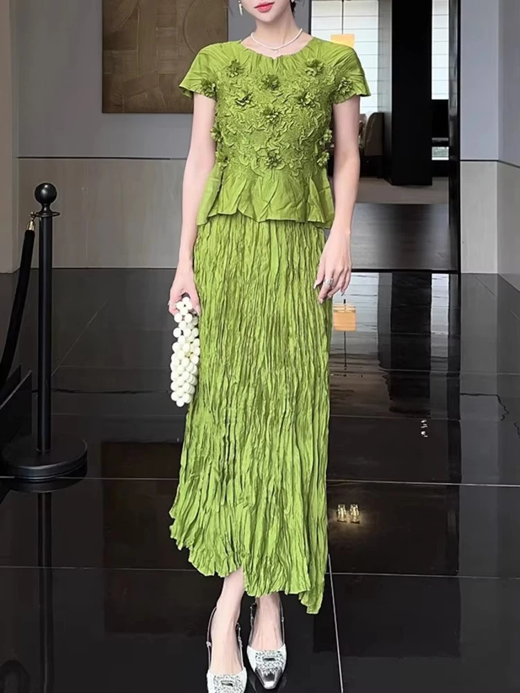 

ANLAN Designer Pleated Suit For Women Handmade Embroidered Short Sleeved Elastic T-shirt Top With Skirt Two Pieces Sets 2AN5501