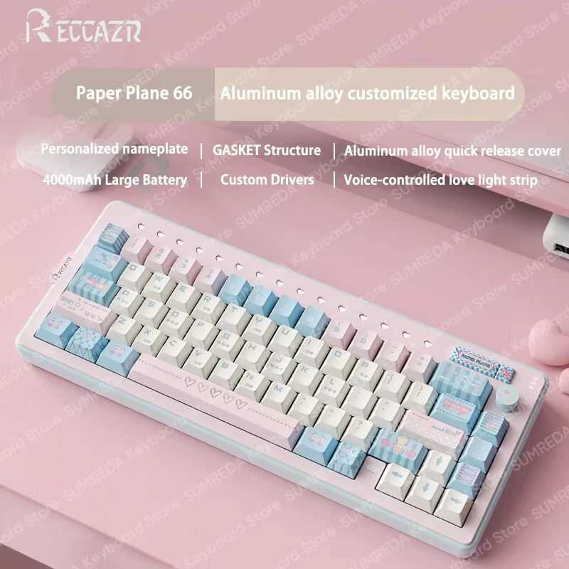RECCAZR Paper Plane66 R66 Mechanical Keyboard Kit Aluminum RGB Gasket Structure Hot Swap with Control Knob Tri-mode Keyboard