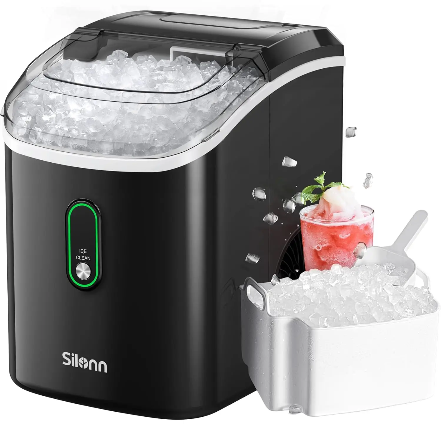 Nugget Ice Maker Countertop, Portable Pellet Ice Machine with Self-Cleaning Function, Sonic Ice Maker Produces 33lbs of Chewable