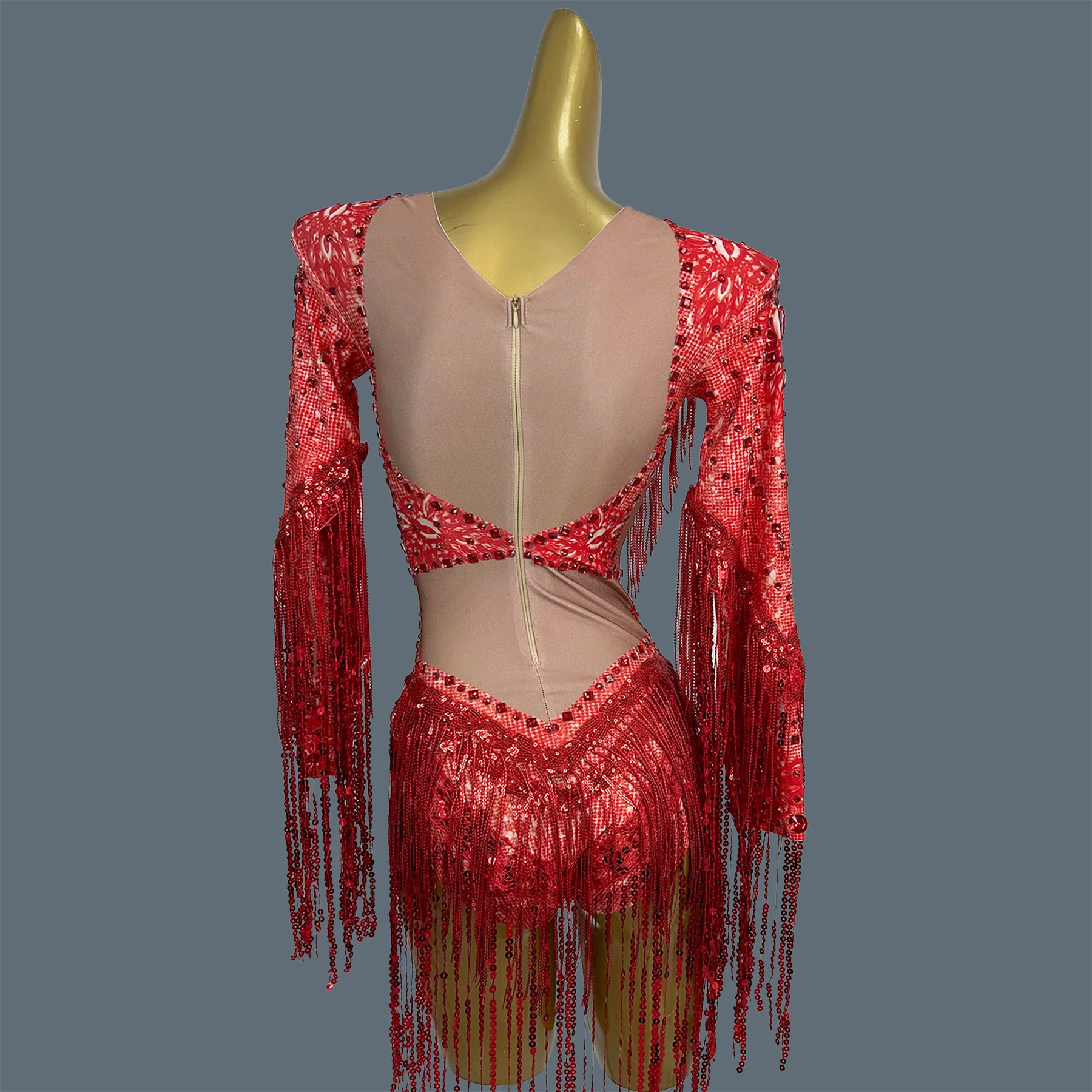 

Sparkly Rhinestone Sequins Tassel Dance Bodysuit Women Stretch Dance Fringes Outfit Club DJ Singer Leotard Stage Costume Qiaqia