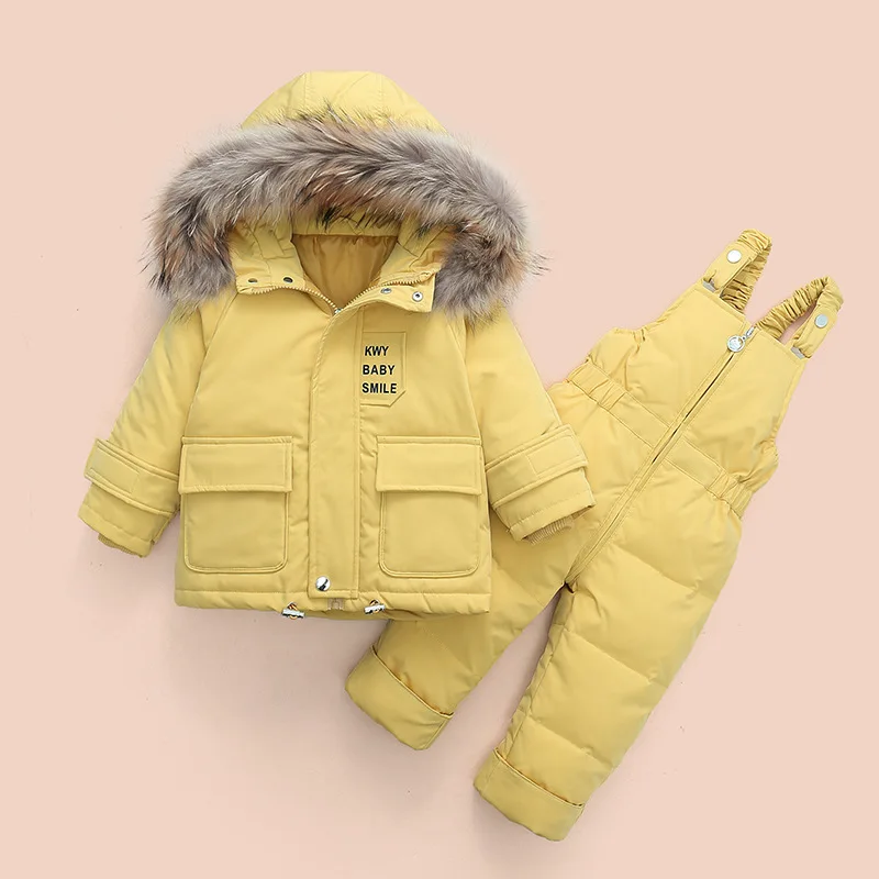 Children\'s Down Jacket Suit New Winter Baby Boys Suspender Trousers Male Child Toddler Girl Raccoon Hair Ski Suit 80-100