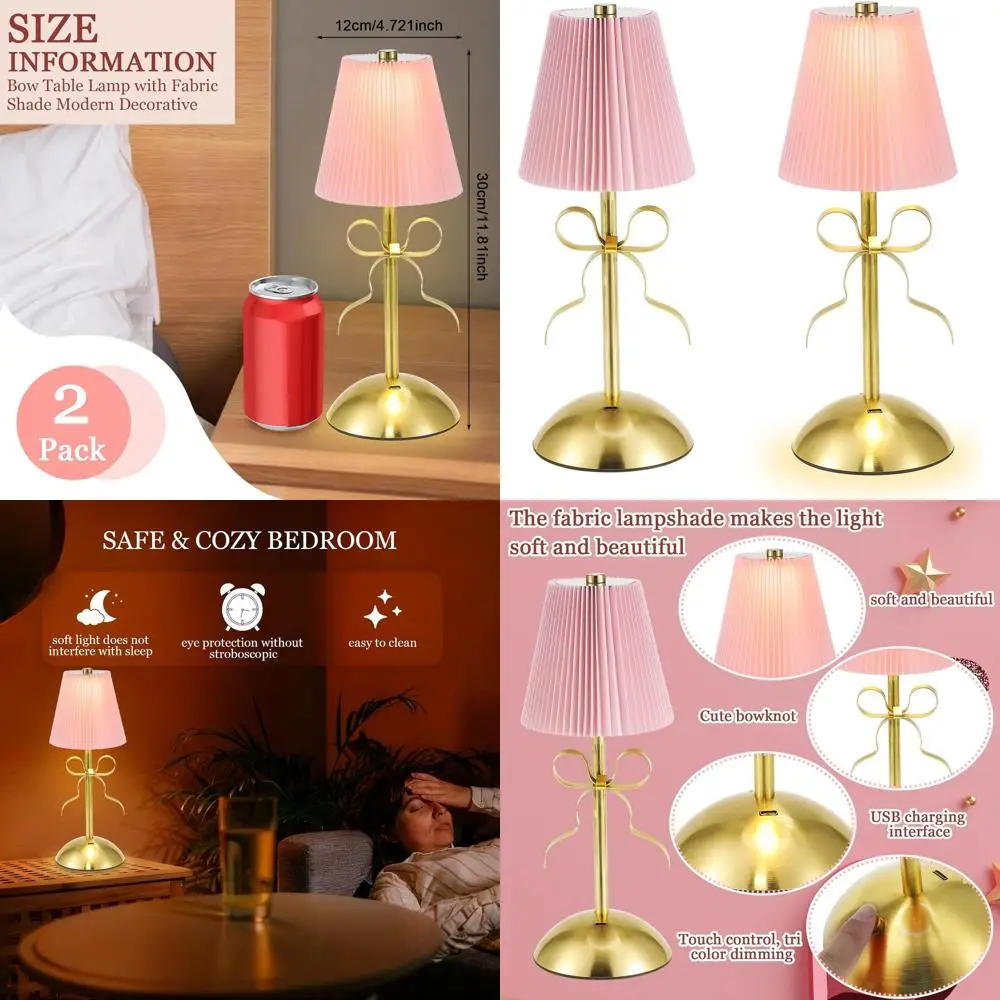 

12 Inch Gold Bow Table Lamp with Fabric Shade for Girls' Bedroom, Cute and Modern Decorative Lighting for Bedside or Desk, Perfe