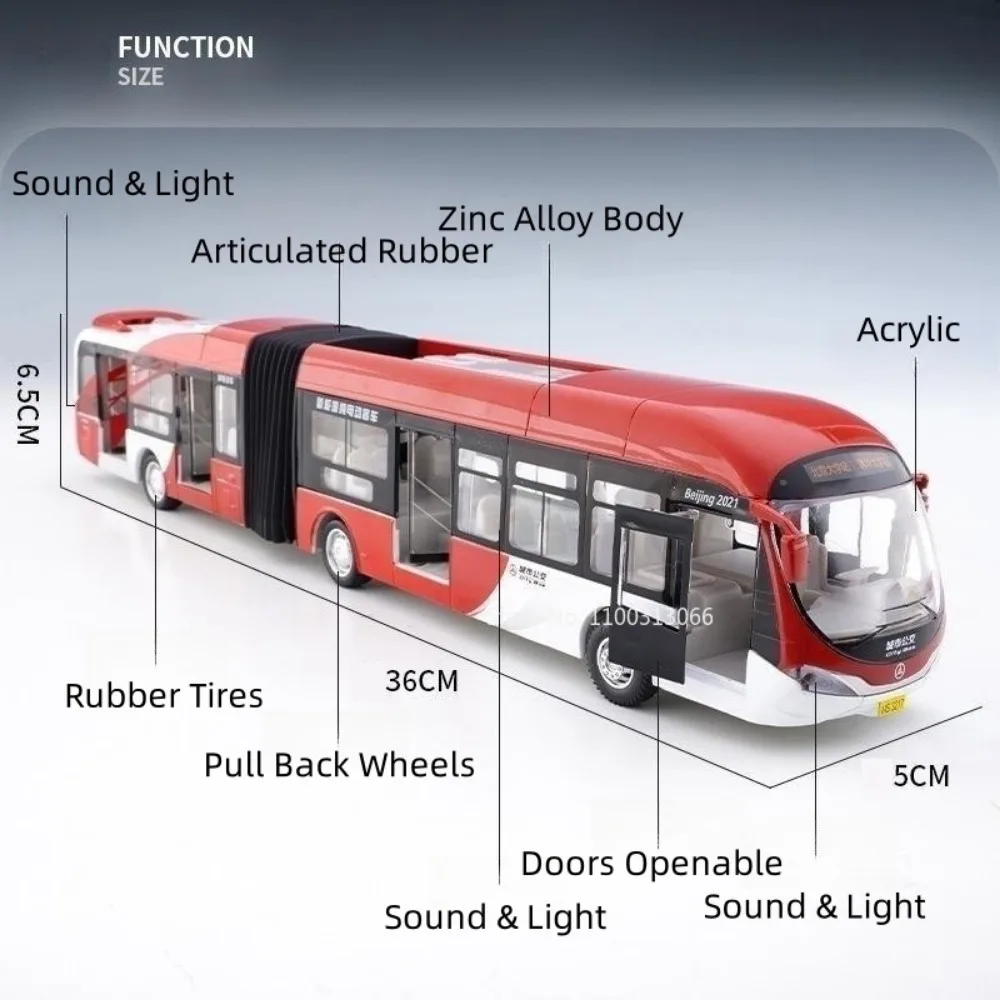 Alloy Diecast Bus Toy Car para Boy, Modelo com Som e Luz, Pull Back Function, Veículo Toy, Articulado, Seção dupla, Presente, 1:32