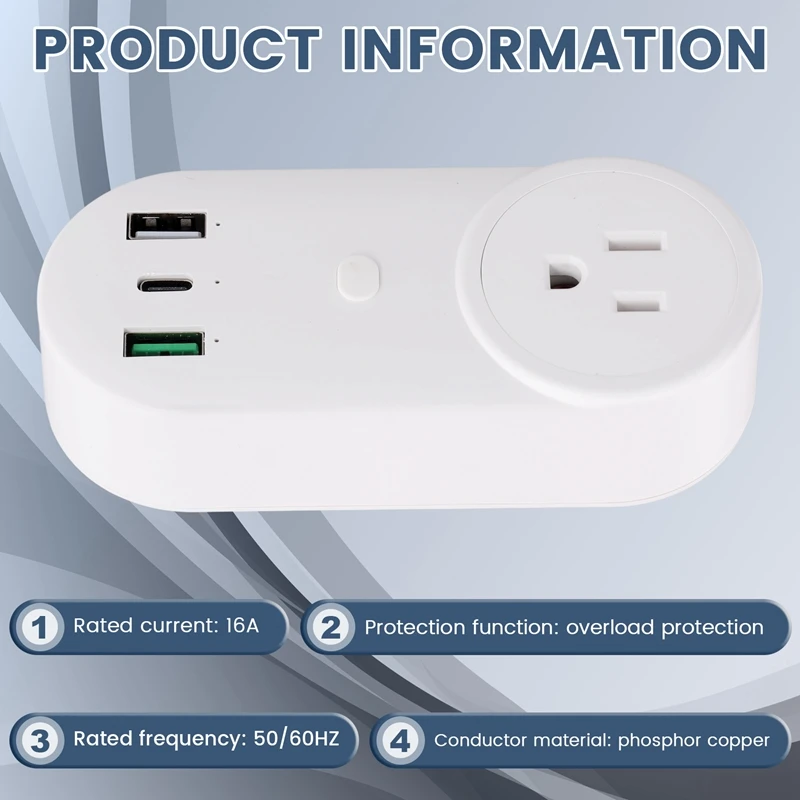 Smart Socket Wifi Plug 16A 2-Hole USB+Type-C Outlets 65W Remote Control Compatible Alexa US Plug
