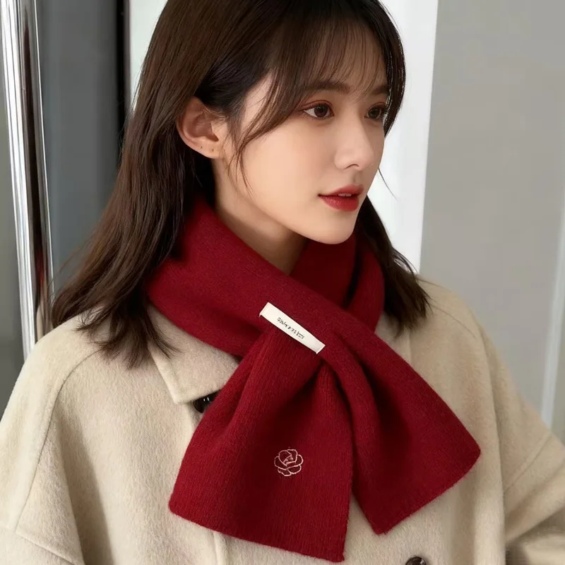 Luxury Red Knit Scarf for Ladies 100% Pure Wool Thick Warm Neck Warmer, High‑grade Versatile Shawl, Fashion Fall Winter Neckwear