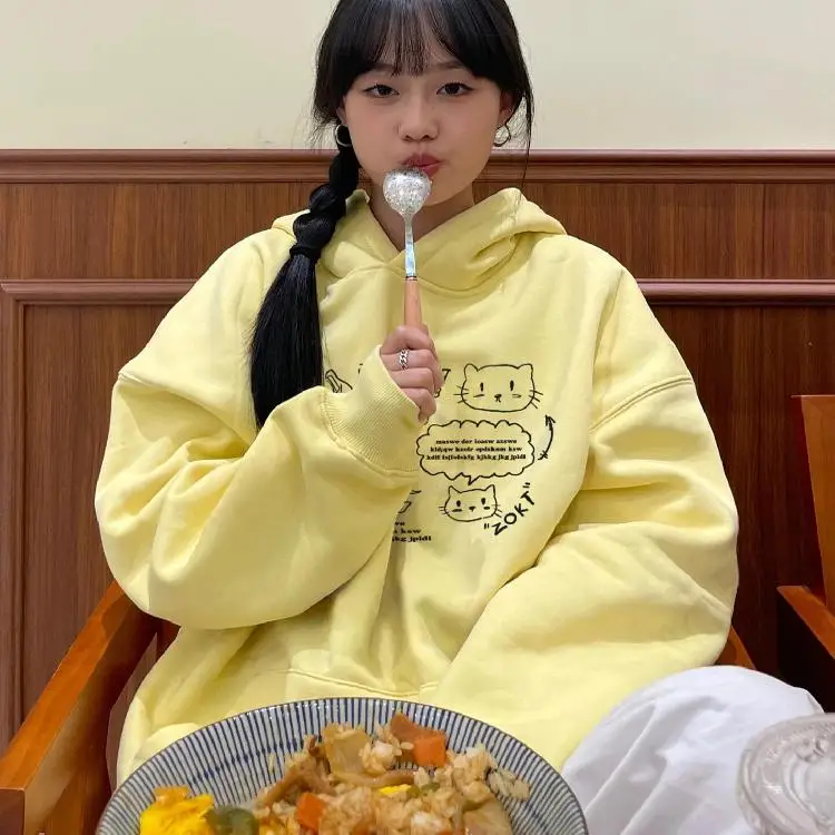 

Printed Fleece Lined Thickened Hoodie Sweatshirt Loose plus Size Korean Style Women's Autumn Winter New Arrival Fashion