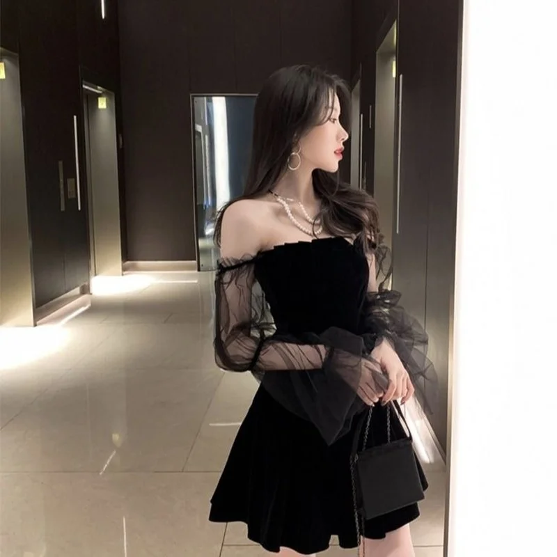 Women Lace Chiffon Mini Dress New 2023 Black Retro Dress Female High Street Sexy Korean Fashion Dress Women Y2k Club Dress