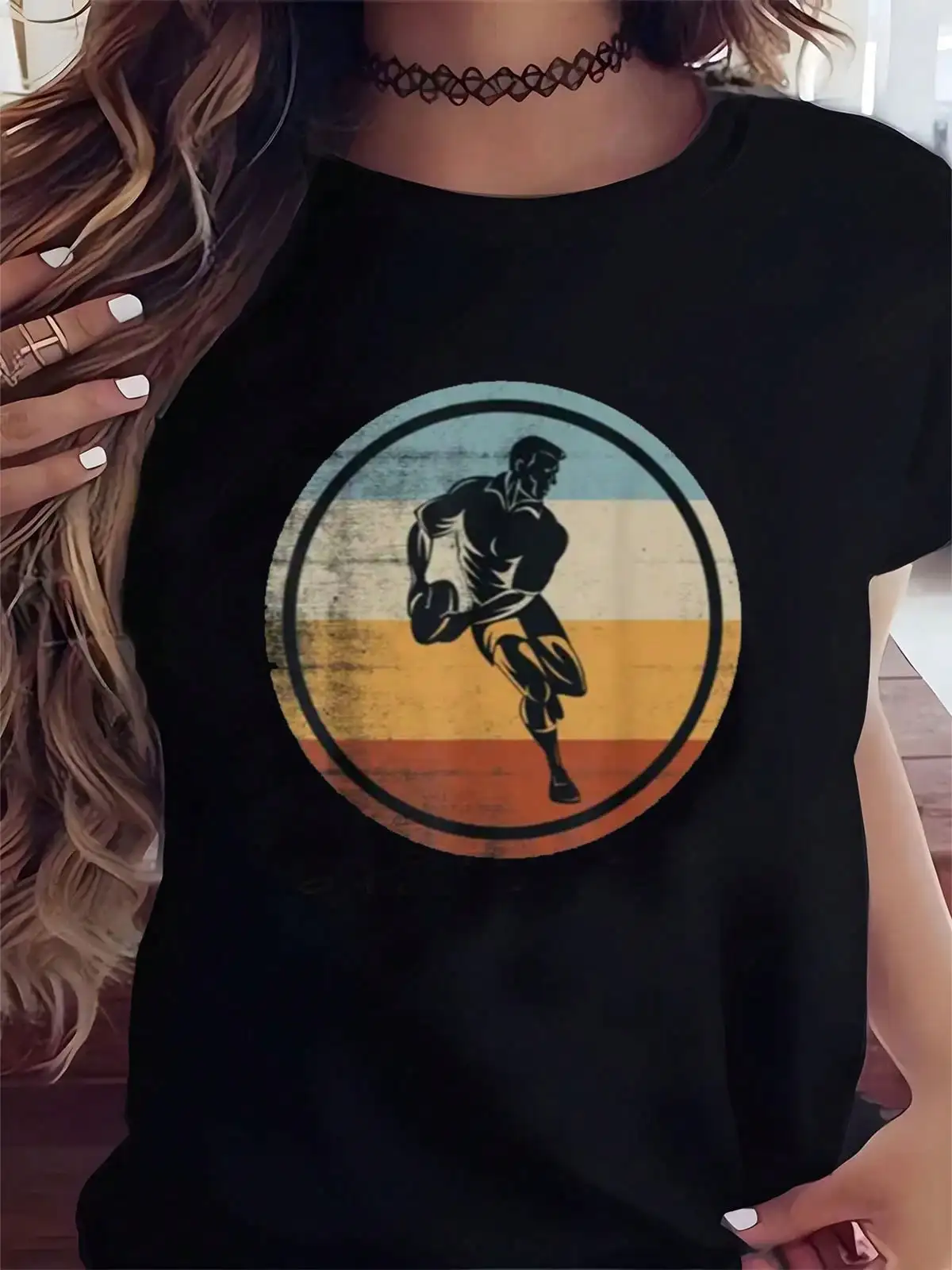 

Vibrant Rugby Player Print T-Shirt Casual Shirt Cotton Crew Neck Top