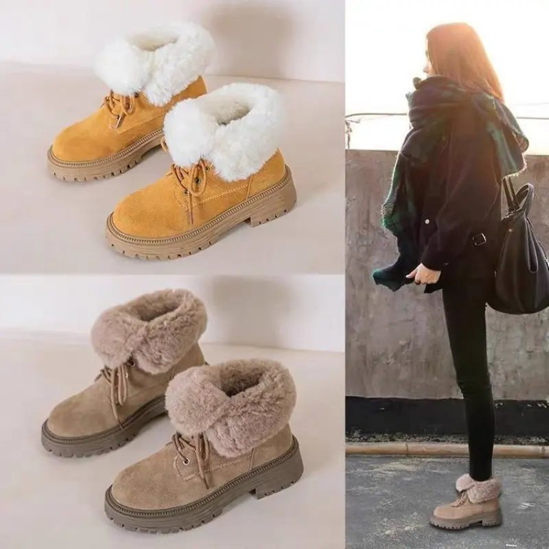 NEW Plush Women's Winter Snow Boots Fur Warm Woman's Short Ankle Boots Comfortable Cuffed Casual Square Heel Thick Sole Fluffy