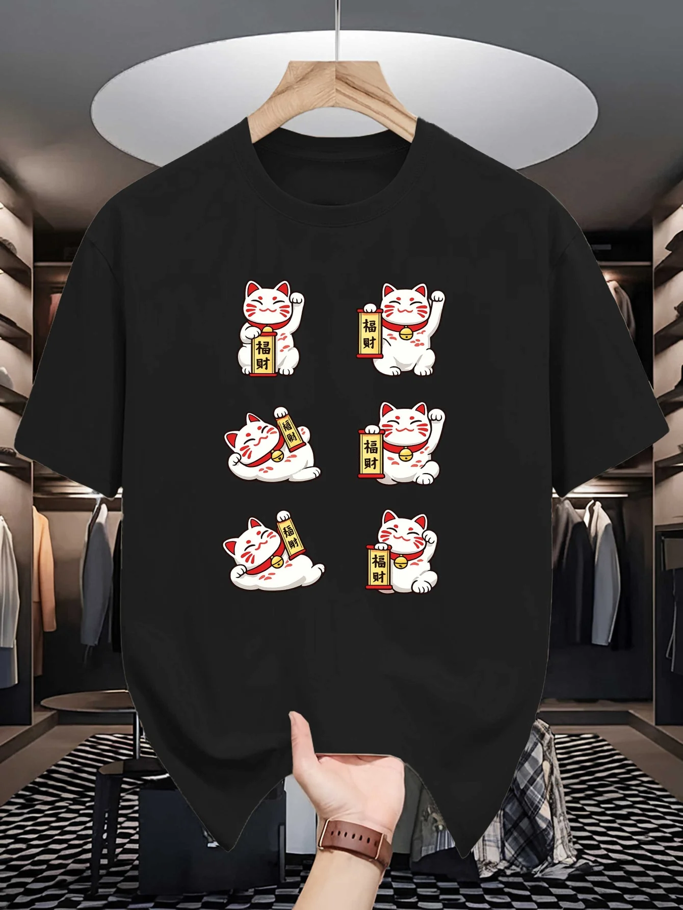 Men Light Cotton Crew Neck Tee Maneki Neko Fortune Lucky Cat Cartoon Graphic Short Sleeve T Shirt Oriental Daily Casual Outfit