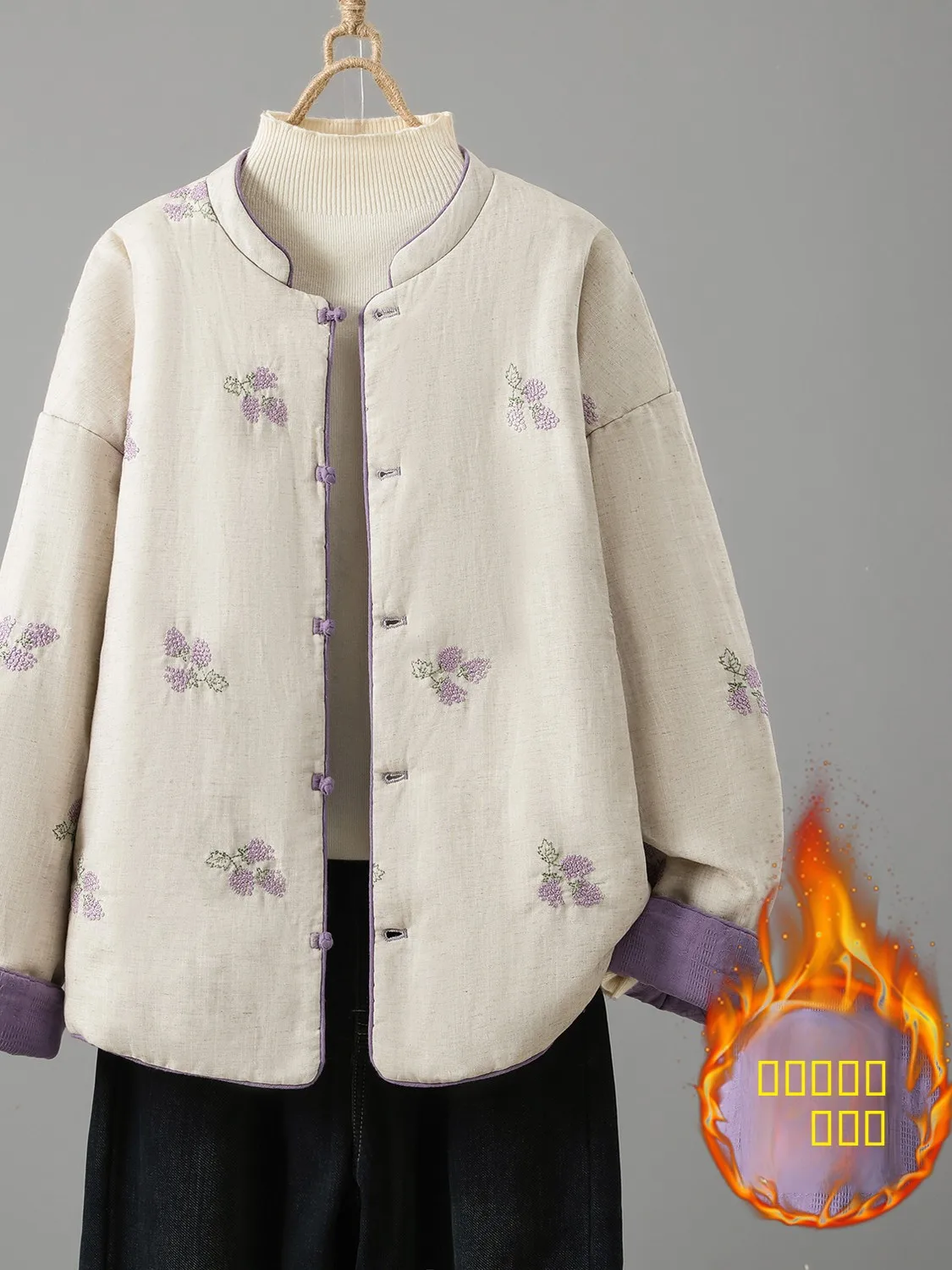 

New Chinese Sle Embroidered Cotton Linen Thiened Winter Jaet Women's Stand Collar Button up Double Sided Wear Cotton Coat