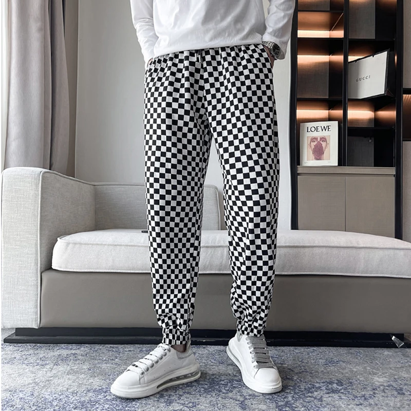 

Men's Pants 2022 New Spring and Autumn Trend Black and White Checkerboard Plaid Beam Feet Summer Men's Casual Harem Trousers