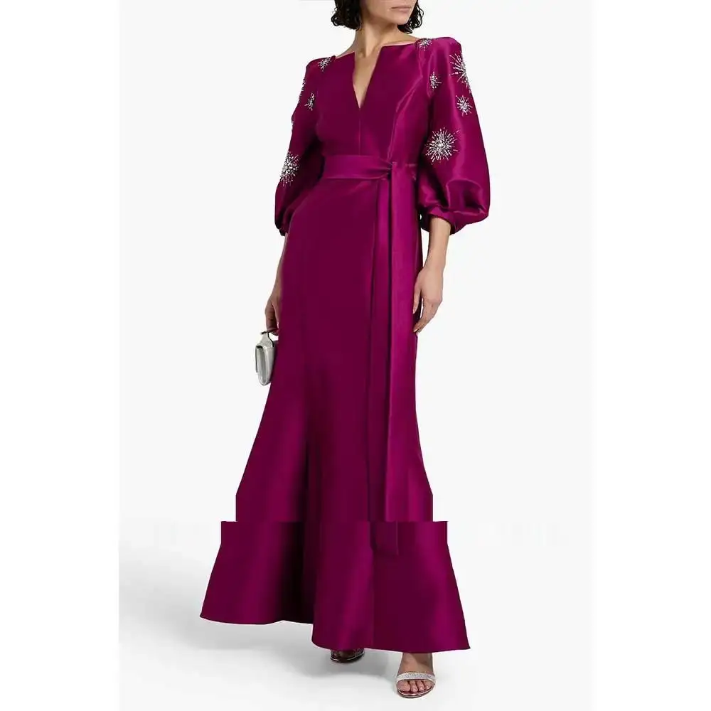 Arabian Burgundy Evening Dress Puff Sleeve Women's Wedding Luxury Dubai Formal Party Dress 2024 Special Occasion Mom Gown