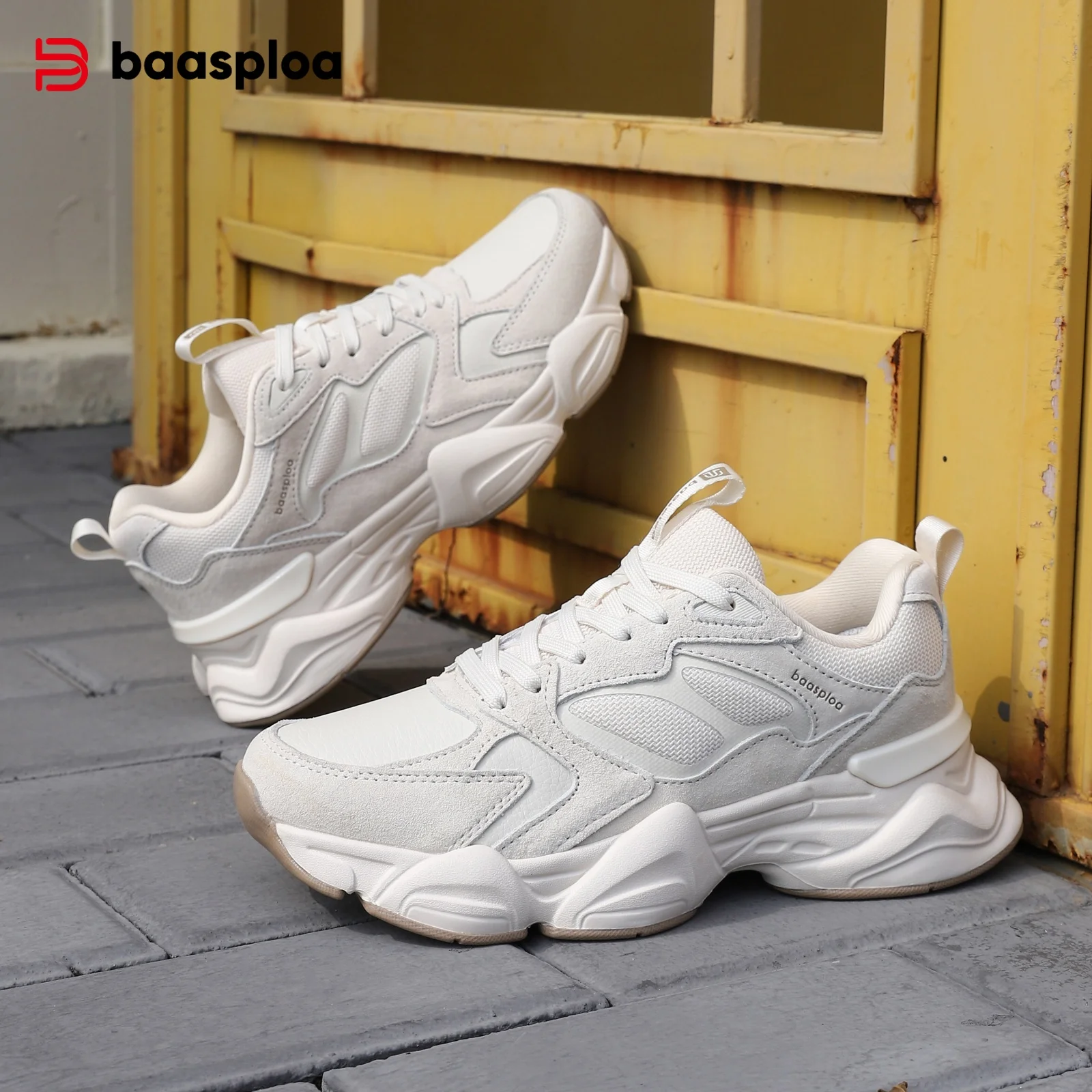 Baasploa Women Walking Sneakers Comfort Leather Mesh Casual Shoes Female Solid Color Fashion Sport Shoes Non-Slip Hight Increase