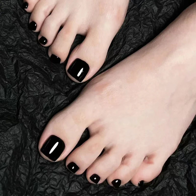 

24pcs Glossy Black Toe Press-Ons - Minimalist High-Shine Medium Square Shape (Multi Sizes) False Toenail For Women Girl