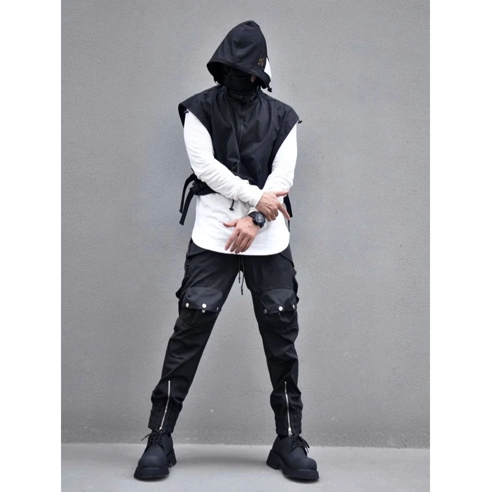 Techwear Zipper Pocket Cargo Pants Men's Loose Bunched Feet High Street Small Feet Slacks Tactical Pants