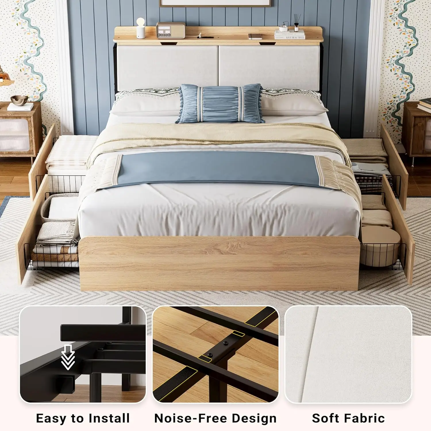 إطارات سرير كوين من LIKIMIO مع لوح رأسي للتخزين المخفي، كاماس كوين مع محطة شحن و4 أدراج، قوي وغير ضوضاء، N #6