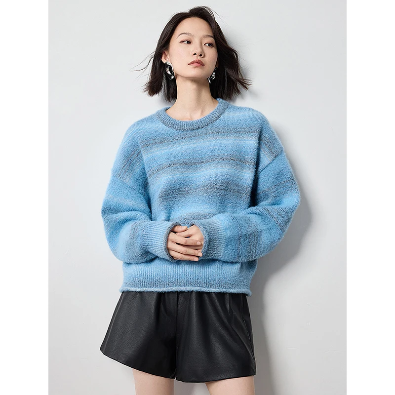 TOYOUTH Women Sweater 2024 Autumn New Gradient Color Striped Round Neck Knitted Warm Pullover Sweater Tops